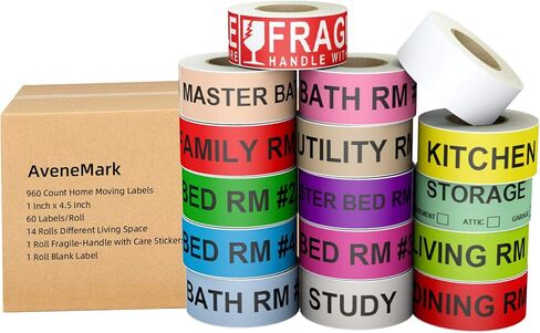 Avenemark 1440 Count Home Moving Labels ، 24 Rolls Color Colling for Boxes Stickers + Higile + Packing Sticks ، بما في ذلك اثنين in Kuwait
