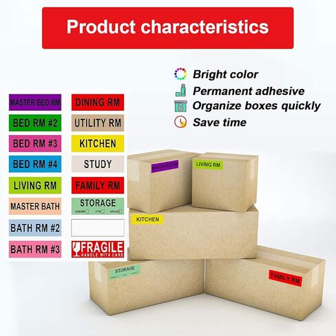 Avenemark 1440 Count Home Moving Labels ، 24 Rolls Color Colling for Boxes Stickers + Higile + Packing Sticks ، بما في ذلك اثنين in Kuwait