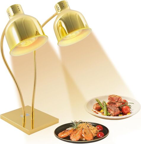 Food Heat Lamp, 500W Rapid-Heating Bulbs Included, 25.4 in Tall Commercial Food Warmer Lamp, Dual-Head Adjustable Steady Catering Warming Lamp for Buffet Parties (Gold, Rectangular Base) in Saudi Arabia