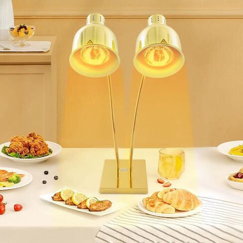 Food Heat Lamp, 500W Rapid-Heating Bulbs Included, 25.4 in Tall Commercial Food Warmer Lamp, Dual-Head Adjustable Steady Catering Warming Lamp for Buffet Parties (Gold, Rectangular Base) in Saudi Arabia
