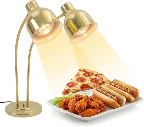 Food Heat Lamp, 500W Rapid-Heating Bulbs Included, 25.4 in Tall Commercial Food Warmer Lamp, Dual-Head Adjustable Steady Catering Warming Lamp for Buffet Parties (Gold, Rectangular Base) in Saudi Arabia