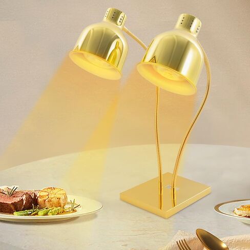 Food Heat Lamp, 500W Rapid-Heating Bulbs Included, 25.4 in Tall Commercial Food Warmer Lamp, Dual-Head Adjustable Steady Catering Warming Lamp for Buffet Parties (Gold, Rectangular Base) in Saudi Arabia