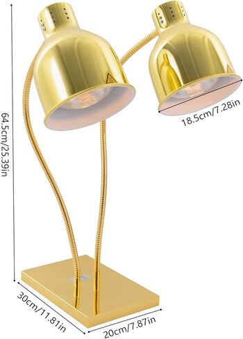 Food Heat Lamp, 500W Rapid-Heating Bulbs Included, 25.4 in Tall Commercial Food Warmer Lamp, Dual-Head Adjustable Steady Catering Warming Lamp for Buffet Parties (Gold, Rectangular Base) in Saudi Arabia