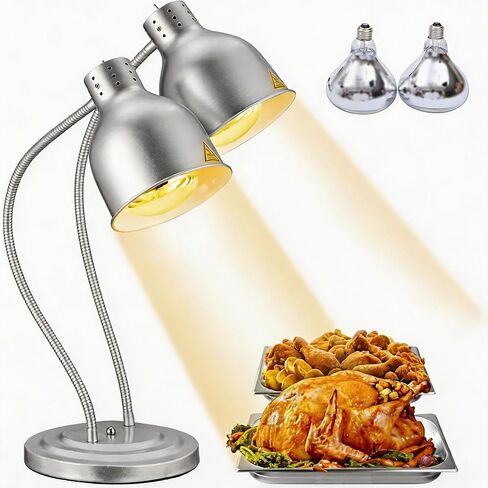 Food Heat Lamp, 500W Rapid-Heating Bulbs Included, 25.4 in Tall Commercial Food Warmer Lamp, Dual-Head Adjustable Steady Catering Warming Lamp for Buffet Parties (Gold, Rectangular Base) in Saudi Arabia