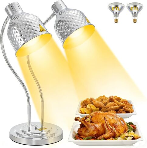 Dyna-Living Food Heat Lamp, 2-Head Adjustable Heat Lamp for Food Commercial Electric Food Warmer Lamp Catering Warming Lights for Buffet Parties Restaurant Kitchen, 500W Silver in Kuwait