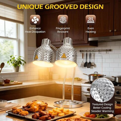 Dyna-Living Food Heat Lamp, 2-Head Adjustable Heat Lamp for Food Commercial Electric Food Warmer Lamp Catering Warming Lights for Buffet Parties Restaurant Kitchen, 500W Silver in Kuwait