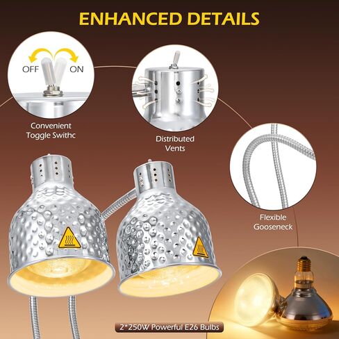 Dyna-Living Food Heat Lamp, 2-Head Adjustable Heat Lamp for Food Commercial Electric Food Warmer Lamp Catering Warming Lights for Buffet Parties Restaurant Kitchen, 500W Silver in Kuwait