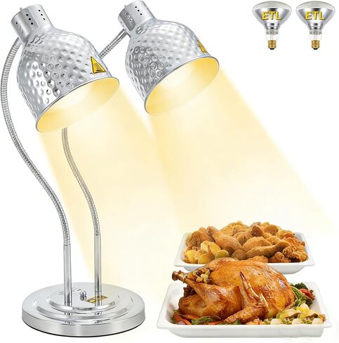 Dyna-Living Food Heat Lamp, 2-Head Adjustable Heat Lamp for Food Commercial Electric Food Warmer Lamp Catering Warming Lights for Buffet Parties Restaurant Kitchen, 500W Silver in Kuwait