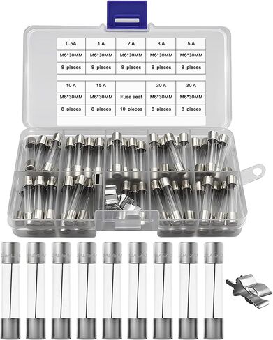 مجموعة متنوعة من الصمامات الزجاجية سريعة النفخ 72 قطعة من IZTOSS 6x30 مم لصمامات السيارات 250 فولت 0.5 أمبير 1 أمبير 2 أمبير 3 أمبير 5 أمبير 10 أمبير 15 أمبير 20 أمبير 30 أمبير وصمامات زجاجية 10 قطع، فرز وتغليف في صناديق بلاستيكية شفافة in Kuwait