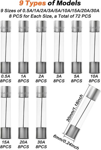 مجموعة متنوعة من الصمامات الزجاجية سريعة النفخ 72 قطعة من IZTOSS 6x30 مم لصمامات السيارات 250 فولت 0.5 أمبير 1 أمبير 2 أمبير 3 أمبير 5 أمبير 10 أمبير 15 أمبير 20 أمبير 30 أمبير وصمامات زجاجية 10 قطع، فرز وتغليف في صناديق بلاستيكية شفافة in Kuwait