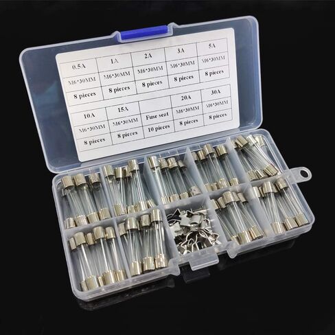 مجموعة متنوعة من الصمامات الزجاجية سريعة النفخ 72 قطعة من IZTOSS 6x30 مم لصمامات السيارات 250 فولت 0.5 أمبير 1 أمبير 2 أمبير 3 أمبير 5 أمبير 10 أمبير 15 أمبير 20 أمبير 30 أمبير وصمامات زجاجية 10 قطع، فرز وتغليف في صناديق بلاستيكية شفافة in Kuwait