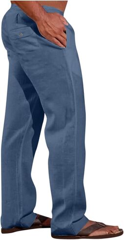 XIAXOGOOL سروال كتان رجالي كبير وطويل فضفاض مناسب بخصر مطاطي خفيف الوزن برباط سروال صيفي للشاطئ واليوجا بنطلون in Kuwait