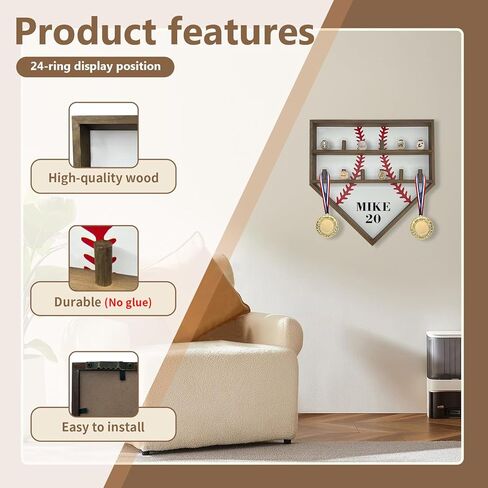 حافظة عرض حلقة البطل - حامل خشبي مخصص لخاتم البيسبول وميداليات الكرة اللينة وجوائز المسابقات - ديكور رف تذكارات رياضية مثبت على الحائط - هدايا للأولاد والبنات والرجال in Kuwait