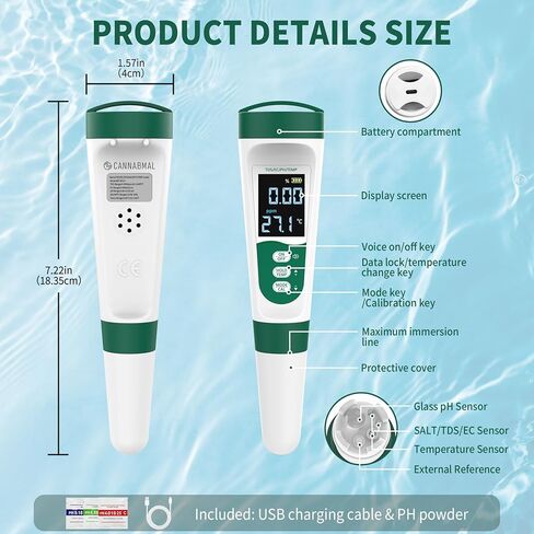 5-in-1 Digital PH Meter, with Voice Function, PH/TDS/EC/Temp/Salt Pool Salt Tester, Waterproof & Rechargeable Pen Meter for Swimming Pools, Fish Tank, Aquariums & Hydroponics in Saudi Arabia
