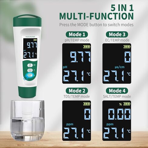 5-in-1 Digital PH Meter, with Voice Function, PH/TDS/EC/Temp/Salt Pool Salt Tester, Waterproof & Rechargeable Pen Meter for Swimming Pools, Fish Tank, Aquariums & Hydroponics in Saudi Arabia