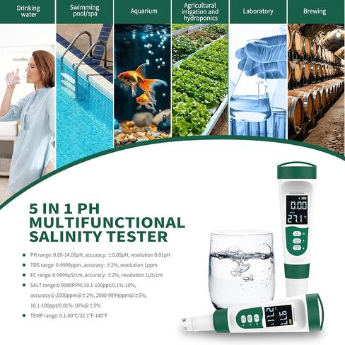 5-in-1 Digital PH Meter, with Voice Function, PH/TDS/EC/Temp/Salt Pool Salt Tester, Waterproof & Rechargeable Pen Meter for Swimming Pools, Fish Tank, Aquariums & Hydroponics in Saudi Arabia