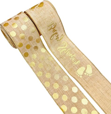 2 Rolls Total 20 Yards Baby Shower Wired Edge Ribbon Sage Green and Gold Polka Dot Design Craft Ribbon for Diaper Cakes,Baby Shower Decor, Gift Wrapping & DIY Craft Projects (Sage Green) in Saudi Arabia