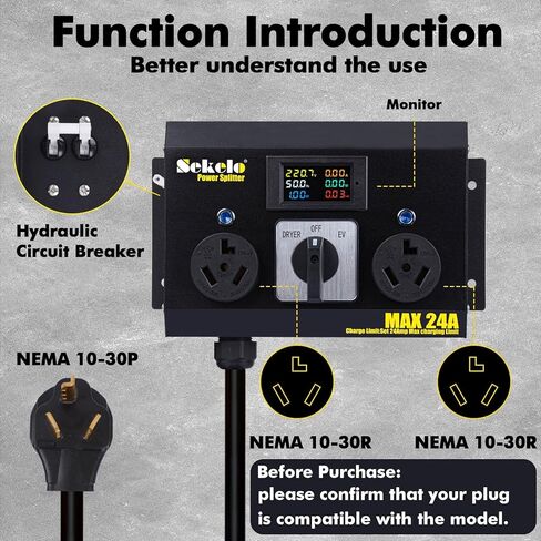 Manual EV Charging Switch for Dryer & EV, Aluminum Housing, NEMA 10-30, 240V, 24A Max Power Splitter, Hydraulic Safety Breaker, Hand-Operated Selector, Plug and Play in Saudi Arabia