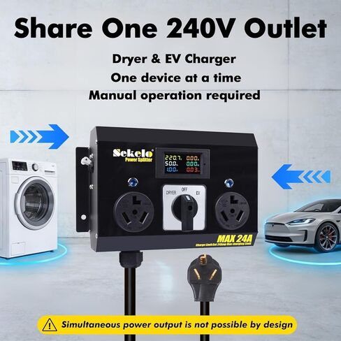 Manual EV Charging Switch for Dryer & EV, Aluminum Housing, NEMA 10-30, 240V, 24A Max Power Splitter, Hydraulic Safety Breaker, Hand-Operated Selector, Plug and Play in Saudi Arabia