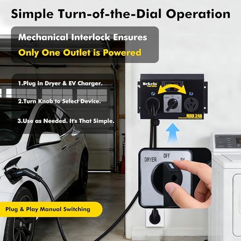 Manual EV Charging Switch for Dryer & EV, Aluminum Housing, NEMA 10-30, 240V, 24A Max Power Splitter, Hydraulic Safety Breaker, Hand-Operated Selector, Plug and Play in Saudi Arabia