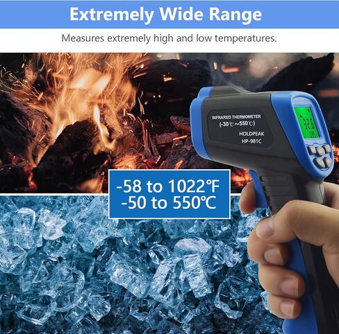 HOLDPEAK 981C ميزان حرارة رقمي بالليزر بالأشعة تحت الحمراء غير ملامس، مسدس درجة حرارة الأشعة تحت الحمراء للقراءة الفورية -58 إلى 1022 درجة فهرنهايت (-50 إلى 550 درجة مئوية) للطهي، والشواية، وفرن البيتزا، والشواية، والمحرك، والتدفئة والتهوية وتكييف الهواء، in Kuwait