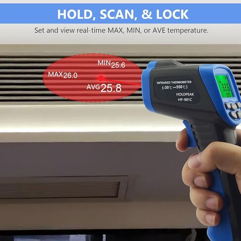 HOLDPEAK 981C ميزان حرارة رقمي بالليزر بالأشعة تحت الحمراء غير ملامس، مسدس درجة حرارة الأشعة تحت الحمراء للقراءة الفورية -58 إلى 1022 درجة فهرنهايت (-50 إلى 550 درجة مئوية) للطهي، والشواية، وفرن البيتزا، والشواية، والمحرك، والتدفئة والتهوية وتكييف الهواء، in Kuwait