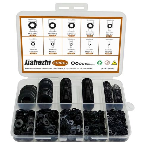 1100 Pcs 9 Sizes Flat Washers for Screws Bolts Black Metal Assorted Washers M2 M2.5 M3 M4 M5 M6 M8 M10 M12 for Furniture Mechanical Repairs in Saudi Arabia