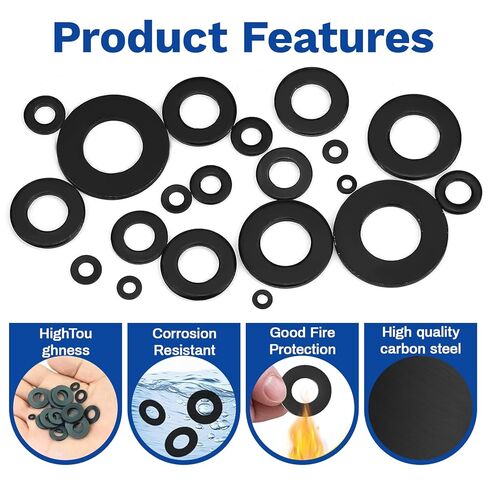 1100 Pcs 9 Sizes Flat Washers for Screws Bolts Black Metal Assorted Washers M2 M2.5 M3 M4 M5 M6 M8 M10 M12 for Furniture Mechanical Repairs in Saudi Arabia