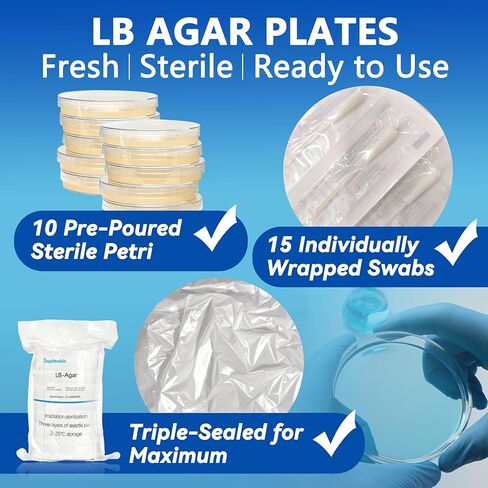 أطباق LB Agar - 10 أطباق بتري معقمة مصبوبة مسبقًا + 15 مسحة معقمة - طازجة، محكمة الغلق ثلاثية للزراعة البكتيرية ومختبرات الأحياء الدقيقة والاستخدام في الفصول الدراسية in Kuwait
