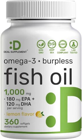 Omega-3 Fish Oil Burpless Formula from Wild Caught Deep Sea Fish, 360 Softgels | 1,000 mg Fish Oil with 180 mg EPA & 120 mg DHA per Serving | Natural Lemon Flavor | Non-GMO, cGMP Manufactured in Saudi Arabia