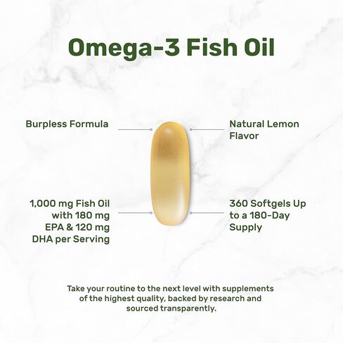 Omega-3 Fish Oil Burpless Formula from Wild Caught Deep Sea Fish, 360 Softgels | 1,000 mg Fish Oil with 180 mg EPA & 120 mg DHA per Serving | Natural Lemon Flavor | Non-GMO, cGMP Manufactured in Saudi Arabia