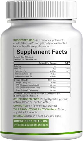 Omega-3 Fish Oil Burpless Formula from Wild Caught Deep Sea Fish, 360 Softgels | 1,000 mg Fish Oil with 180 mg EPA & 120 mg DHA per Serving | Natural Lemon Flavor | Non-GMO, cGMP Manufactured in Saudi Arabia