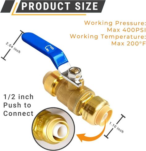 TTFLEX Water Shut Off Ball Valve 1/2 inch Push to Connect Brass Valves Quarter Turn for Hot and Cold Water, Compatible with Pex Copper CPVC Pipes, 2 PCS in Kuwait