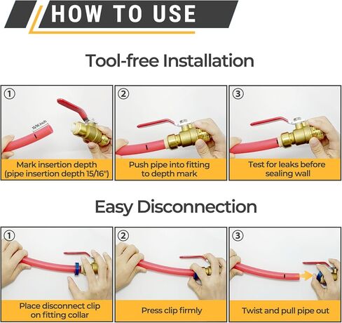 TTFLEX Water Shut Off Ball Valve 1/2 inch Push to Connect Brass Valves Quarter Turn for Hot and Cold Water, Compatible with Pex Copper CPVC Pipes, 2 PCS in Kuwait