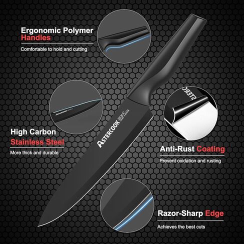 مجموعة سكاكين، مجموعة سكاكين أستيركوك 21 قطعة للمطبخ مع كتلة، مجموعة سكاكين مطبخ آمنة للاستخدام في غسالة الأطباق مع مبراة مدمجة، مجموعة سكاكين سوداء من الفولاذ المقاوم للصدأ الألماني in Kuwait