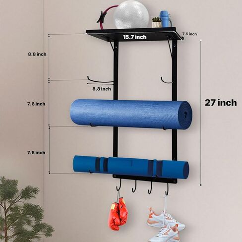 حامل سجادة اليوجا، حامل على الحائط، رف تخزين بساط اليوجا مثبت على الحائط مع رف وخطافات، منظم ملحقات اليوجا في صالة الألعاب الرياضية المنزلية للحصائر، وبكرة إسفنجية، وأشرطة ومعدات التمرين in Kuwait