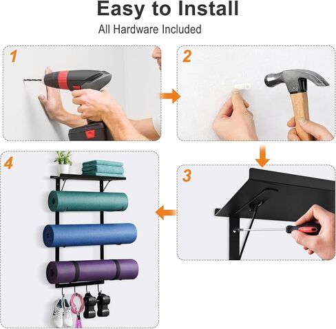 حامل سجادة اليوجا، حامل على الحائط، رف تخزين بساط اليوجا مثبت على الحائط مع رف وخطافات، منظم ملحقات اليوجا في صالة الألعاب الرياضية المنزلية للحصائر، وبكرة إسفنجية، وأشرطة ومعدات التمرين in Kuwait