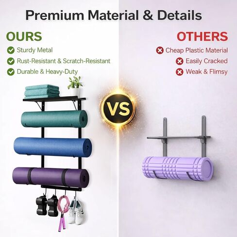 حامل سجادة اليوجا، حامل على الحائط، رف تخزين بساط اليوجا مثبت على الحائط مع رف وخطافات، منظم ملحقات اليوجا في صالة الألعاب الرياضية المنزلية للحصائر، وبكرة إسفنجية، وأشرطة ومعدات التمرين in Kuwait