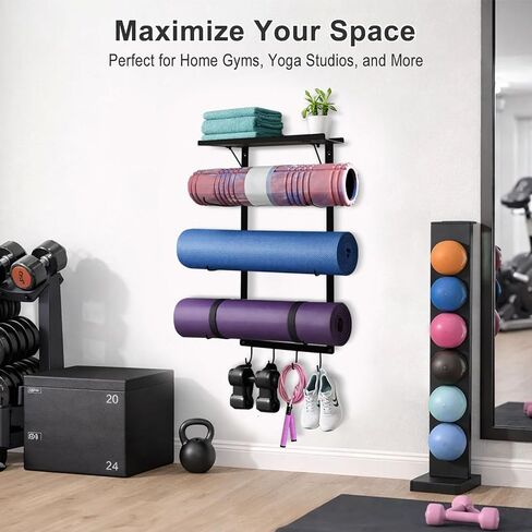 حامل سجادة اليوجا، حامل على الحائط، رف تخزين بساط اليوجا مثبت على الحائط مع رف وخطافات، منظم ملحقات اليوجا في صالة الألعاب الرياضية المنزلية للحصائر، وبكرة إسفنجية، وأشرطة ومعدات التمرين in Kuwait