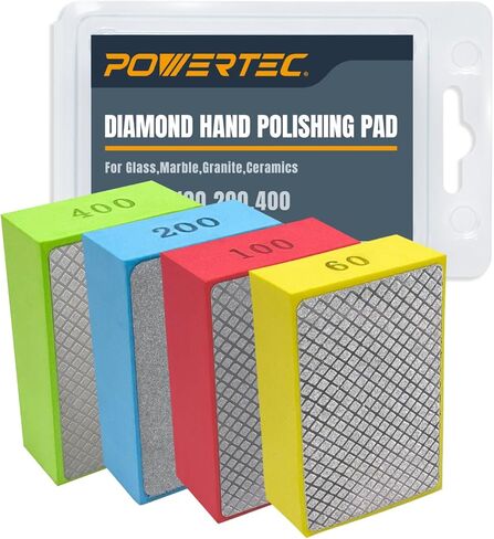 وسادات تلميع يدوية ماسية من POWERTEC متنوعة 60/100/ 200/400 4 عبوات، كتلة صنفرة ماسية لتلميع وطحن البورسلين، بلاط السيراميك، الزجاج، الجرانيت، الحجر، الخشب والمعادن (71907) in Kuwait