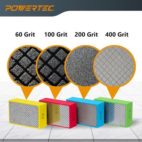 وسادات تلميع يدوية ماسية من POWERTEC متنوعة 60/100/ 200/400 4 عبوات، كتلة صنفرة ماسية لتلميع وطحن البورسلين، بلاط السيراميك، الزجاج، الجرانيت، الحجر، الخشب والمعادن (71907) in Kuwait