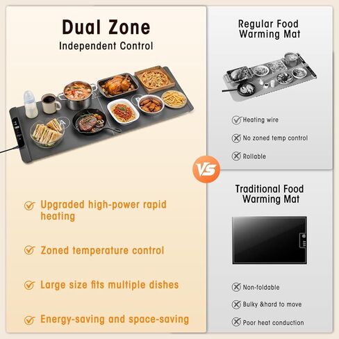 BESTISAN Food Warming Mat, Dual Zone Independent Control 36x15 Inch Large, 10-Second Rapid Heat, Heat Resistance Pad, 14-Level Temp & 10H Timer, Child Lock, Even Heating for Family Dinner Party Buffet in Kuwait