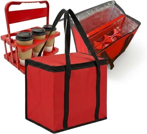 JoEzzy Insulated Delivery Bag & 6-Cup Drink Carrier Set – Thermal Food Warmer & Leak-Proof Beverage Caddy – Professional Bundle for Food Delivery, Catering & Picnics - Red in Saudi Arabia