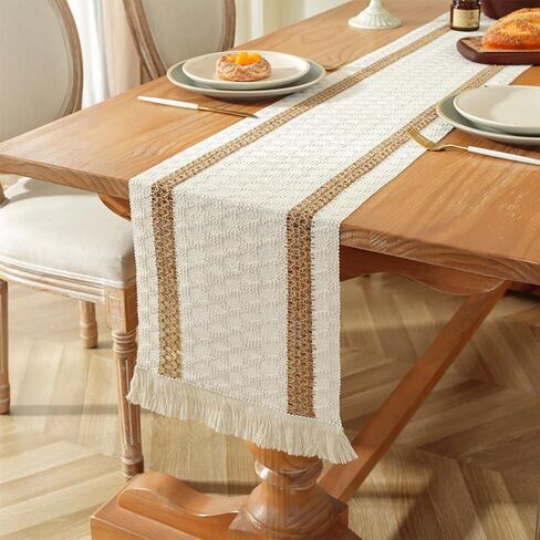 Niviy Boho Table Runner for Easter Spring Home Decor 72 Inches Long Farmhouse Macrame Easter Table Runner Cotton Linen Woven Table Runners for Summer Dining Table Decoration, Beige & Brown in Kuwait