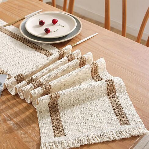 Niviy Boho Table Runner for Easter Spring Home Decor 72 Inches Long Farmhouse Macrame Easter Table Runner Cotton Linen Woven Table Runners for Summer Dining Table Decoration, Beige & Brown in Kuwait