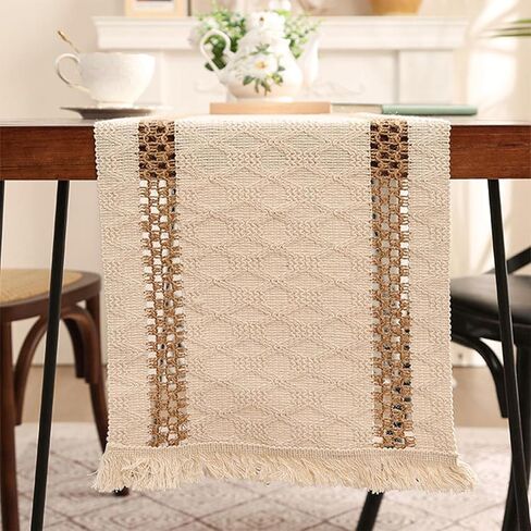 Niviy Boho Table Runner for Easter Spring Home Decor 72 Inches Long Farmhouse Macrame Easter Table Runner Cotton Linen Woven Table Runners for Summer Dining Table Decoration, Beige & Brown in Kuwait