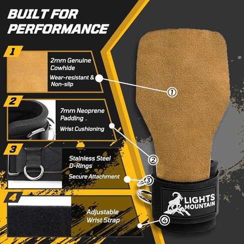 Weight Lifting Straps with D Rings, Leather Palm Grip, 7mm Wrist Support Padding, Adjustable Fit for Cable Machines & Free Weights in Saudi Arabia