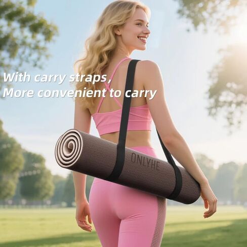 Yoga Mat Thick（8mm）Exercise Mat Non Slip Anti-tear,Pilates Mat for Men and Women,Workout Mats for Home,Barefoot Workouts and Floor Exercise,with Carrier Strap(71"x 24" ) (Light coffee + apricot) in Saudi Arabia