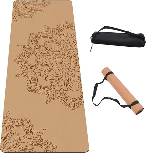 بساط يوجا من الفلين الفاخر غير قابل للانزلاق للتمرين واللياقة البدنية لليوجا والبيلاتيس والتدريبات المنزلية (سمك 72 بوصة × 24 بوصة × 5 مم) in Kuwait