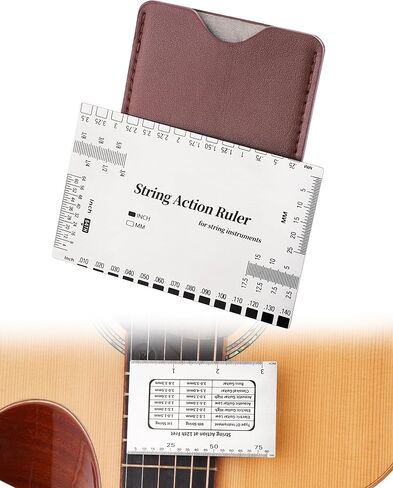 Guitar String Action Gauge Ruler, Professional Setup Tool with Dual mm & 1/64" Scales - for Electric, Acoustic, Bass Guitars - Includes Measurement Chart & Protective Sleeve - Print Silver Edition in Kuwait